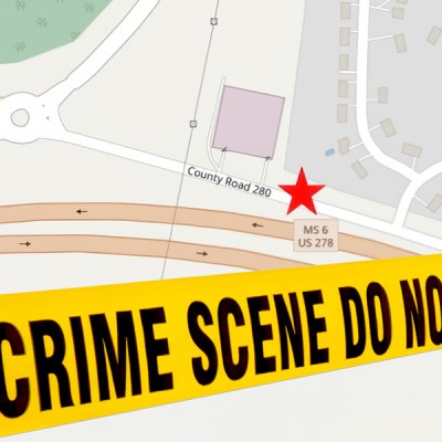 Map of crime scene location with crime scene tape in the foreground